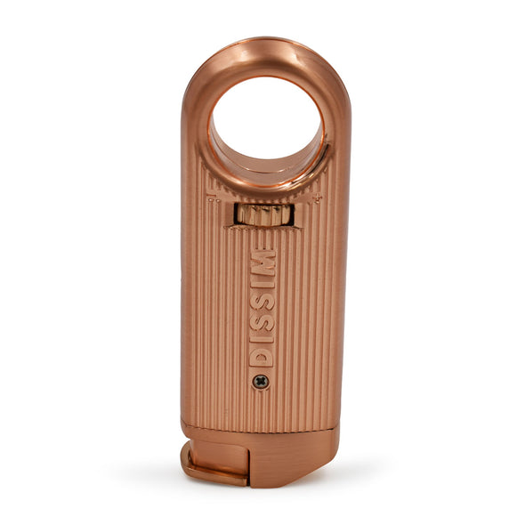 Dissim Slim Torch Lighter - Rose-Gold Metal Body. Shown handle circle grip for inverted lighting and logo