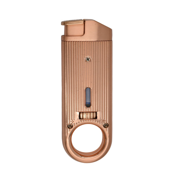 Dissim Slim Torch Lighter - Rose-Gold Metal Body. Shown side with fuel level window