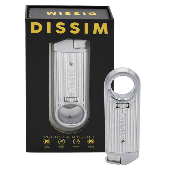 Slim Torch Lighter with a sleek silver metal body with the carrying box