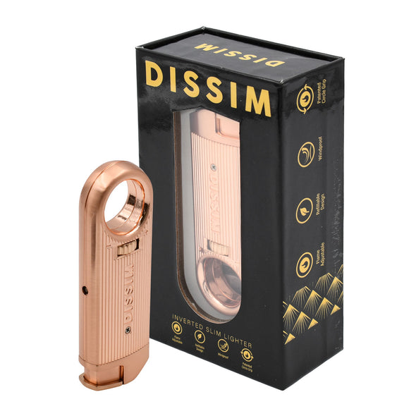 Dissim Slim Torch Lighter - Rose-Gold Metal Body. Shown with product Box