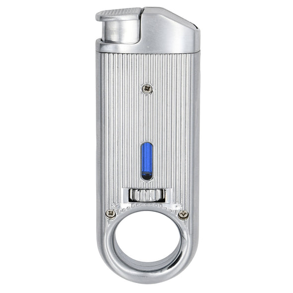 Slim Torch Lighter with a sleek silver metal body with fuel level window