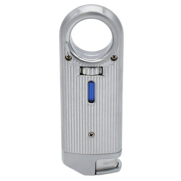 Slim Torch Lighter with a sleek silver metal body with butane fuel level window