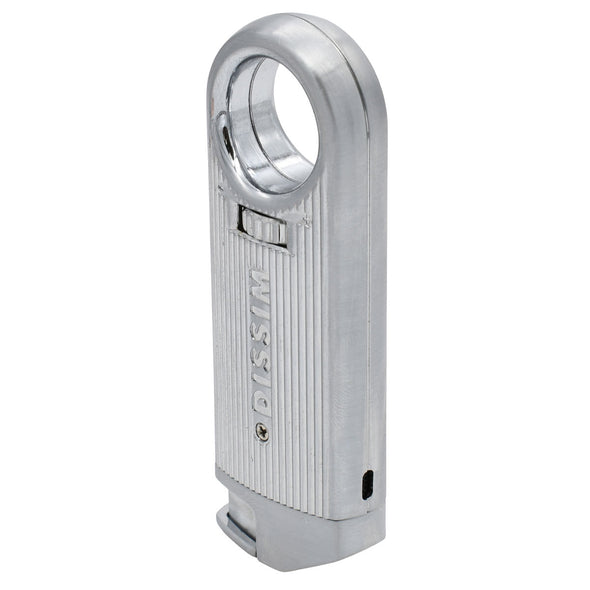 Slim Torch Lighter with a sleek silver metal body and patented finger grip circle for inverted flame