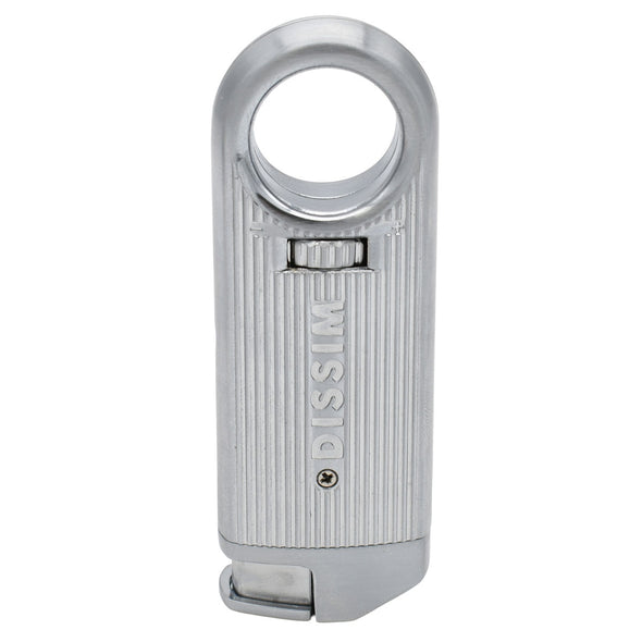 Slim Torch Lighter with a sleek silver metal body - side with Dissim logo 